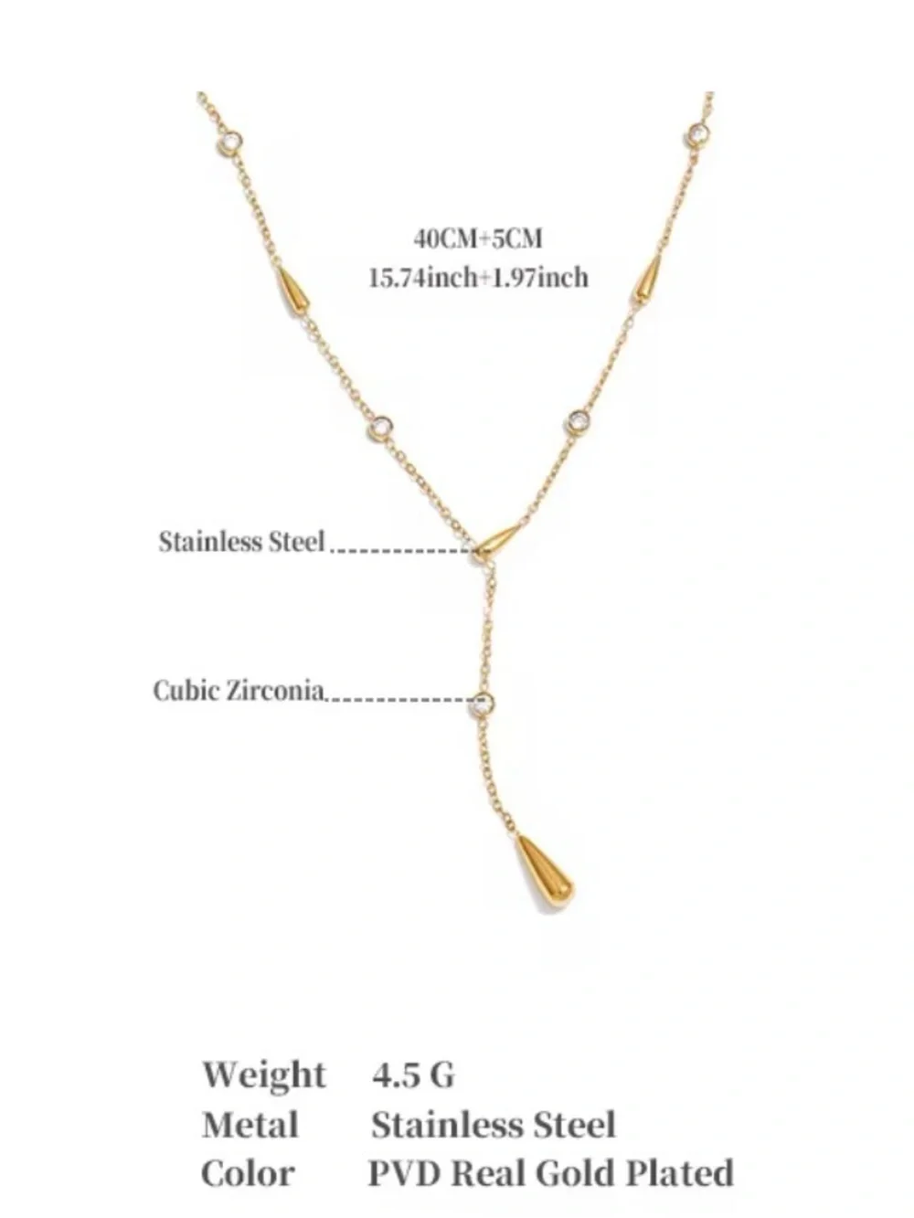 Gold Plated Stainless Steel Teardrop Lariat Necklace - Elegant Drop Pendant - Picture 3 of 3